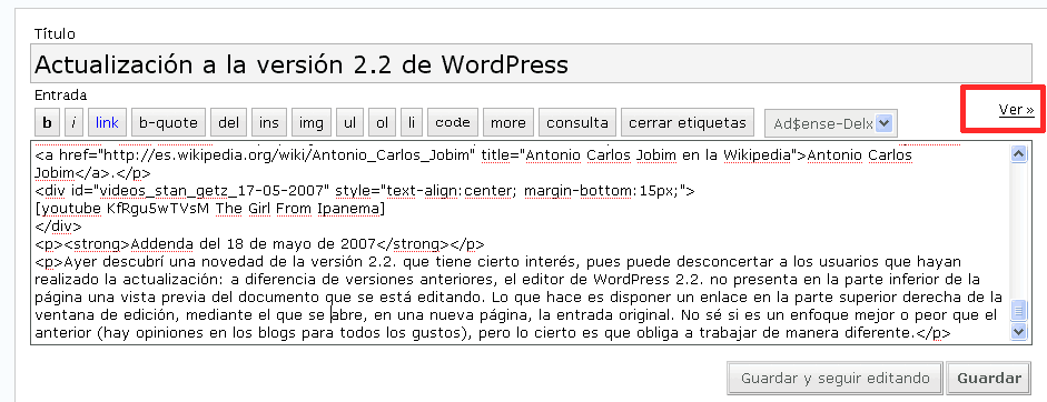Editor de la versión 2.2 de WordPress