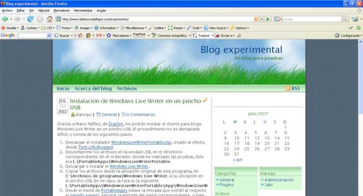 Captura de pantalla de una entrada publicada desde el cliente para blogs Windows Live Writer, instalado en una llave USB