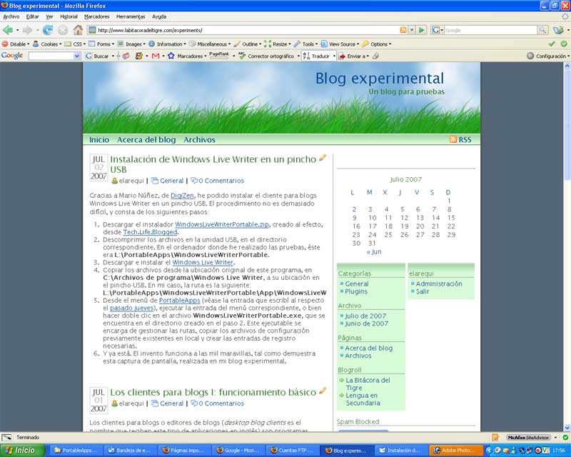 Captura de pantalla de una entrada publicada desde el cliente para blogs Windows Live Writer, instalado en una llave USB