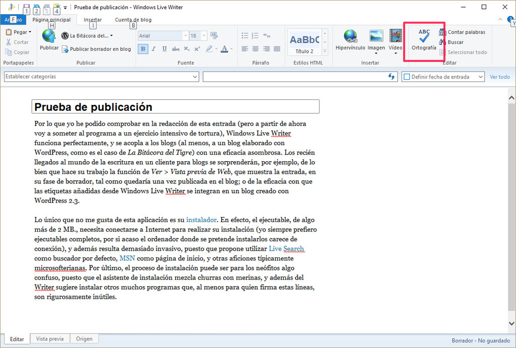 Función de corrección ortográfica del cliente para blogs Windows Live Writer