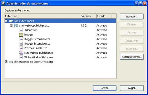 Figura 1 - Administración de extensiones de OpenOffice