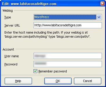 Figura 3 - Parámetros de la conexión con el blog