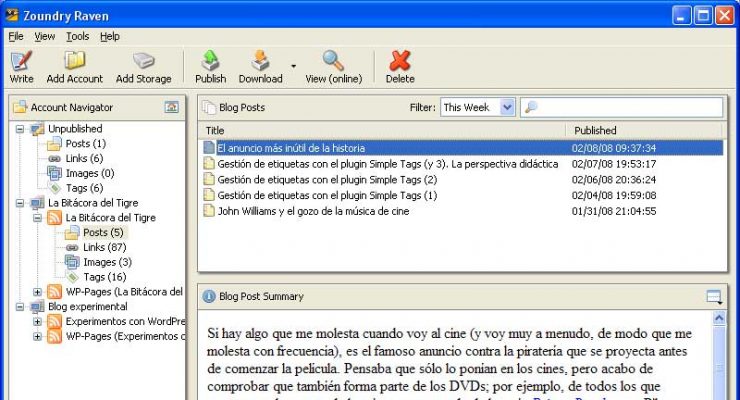 Figura 1: gestión del blog en Zoundry Raven