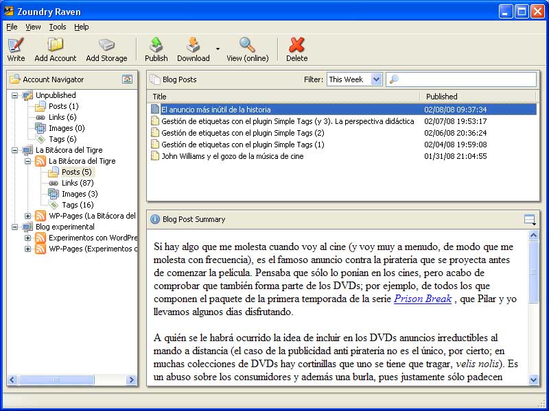 Figura 1: gestión del blog en Zoundry Raven
