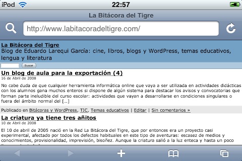 Figura 2: La Bitácora del Tigre en un iPod, con el plugin WordPress PDA & iPhone