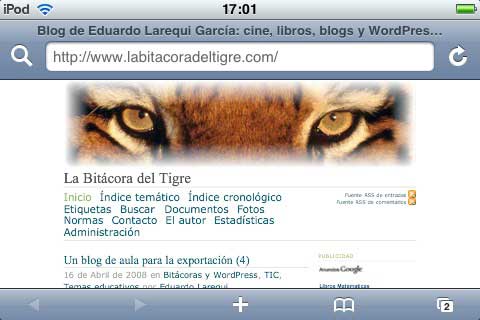 Figura 1: La Bitácora del Tigre en un iPod, sin el plugin WordPress PDA & iPhone