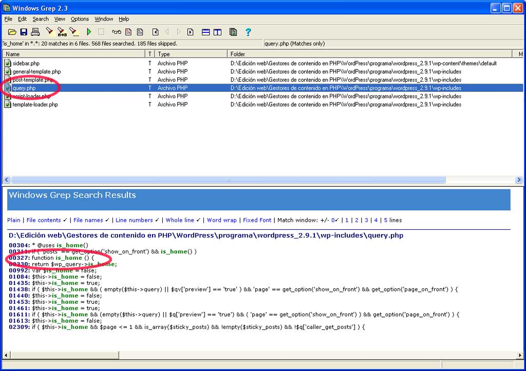 Figura 3 - Resultados de búsqueda en Windows Grep Figura 3 - Resultados de búsqueda en Windows Grep