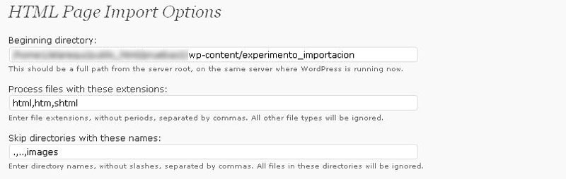 Figura 1 - Opciones de almacenamiento de los archivos HTML para importar