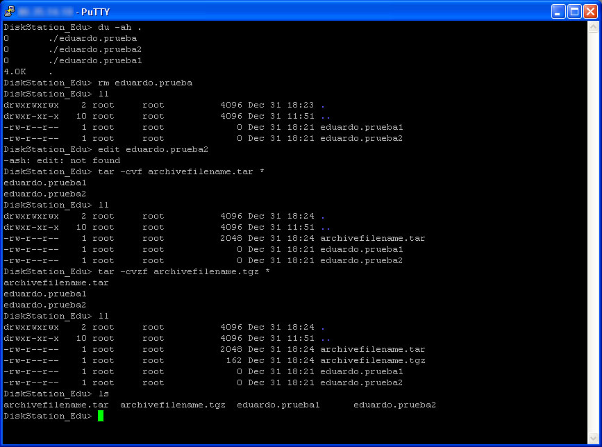 Figura 11 – Conexión por SSH (Putty) y ejecución de comandos Linux