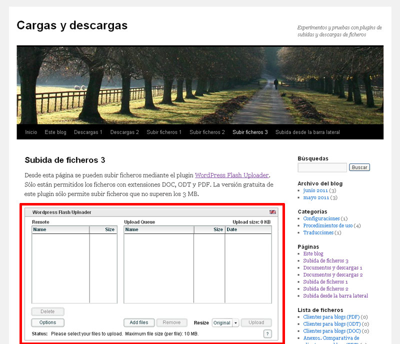 Figura 4 - Formulario de subida de ficheros del plugin WordPress Flash Uploader