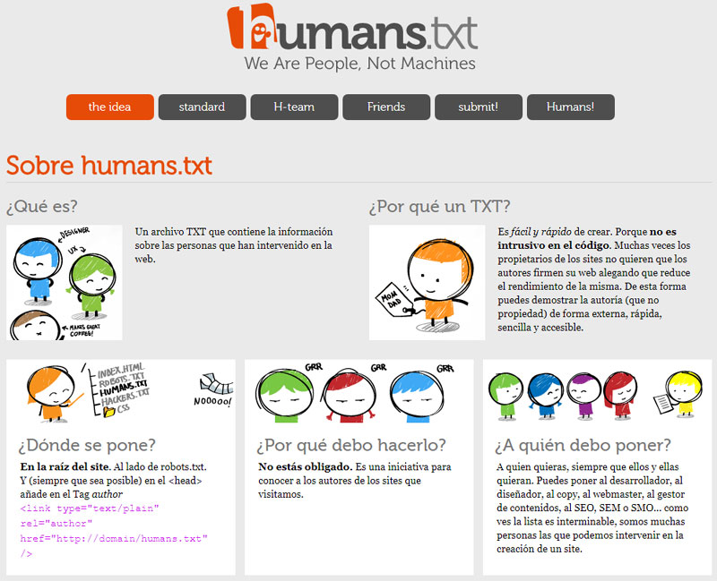 Captura de pantalla de la página de inicio de Humans TXT