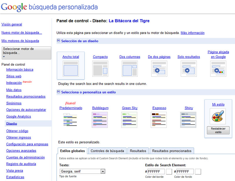 Opciones de diseño del buscador personalizado de Google
