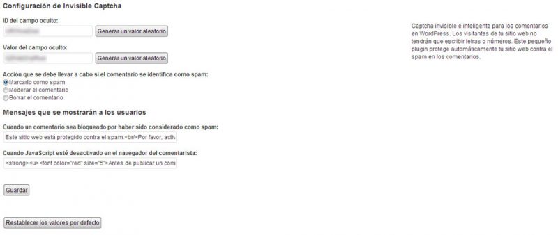 Figura 3 - Configuración del plugin Invisible Captcha