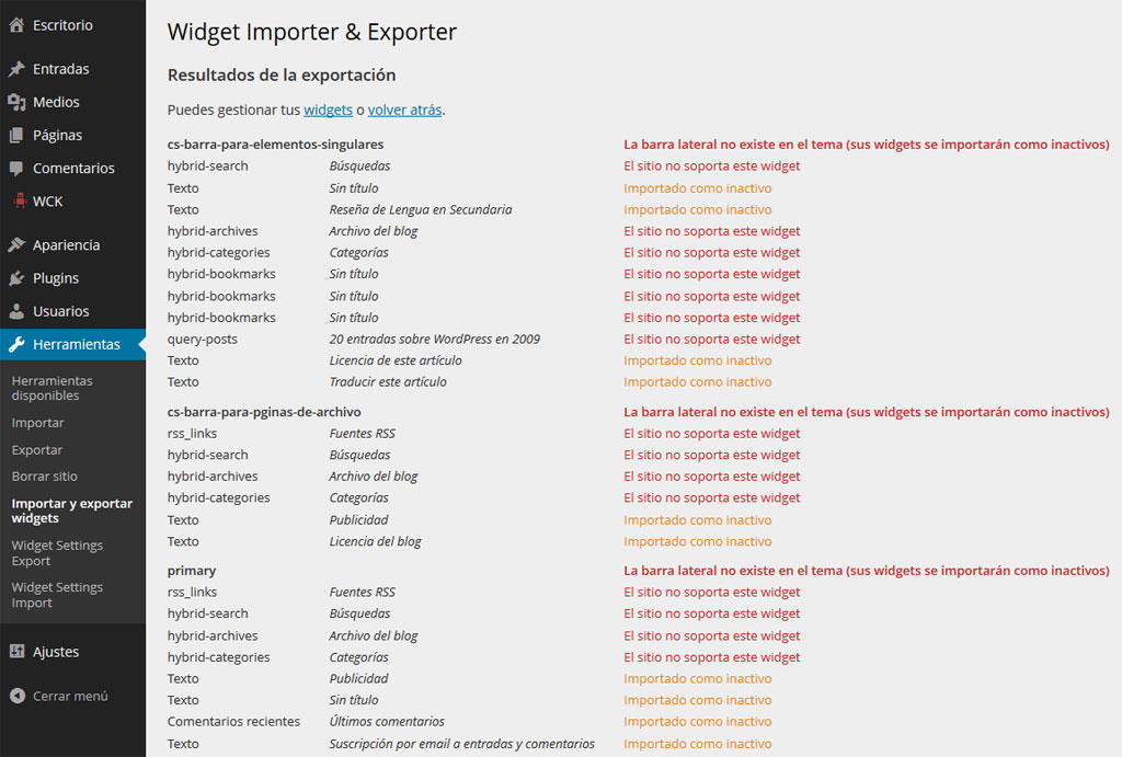 Figura 2. Importación de widgets, mediante el plugin Widget Importer & Exporter