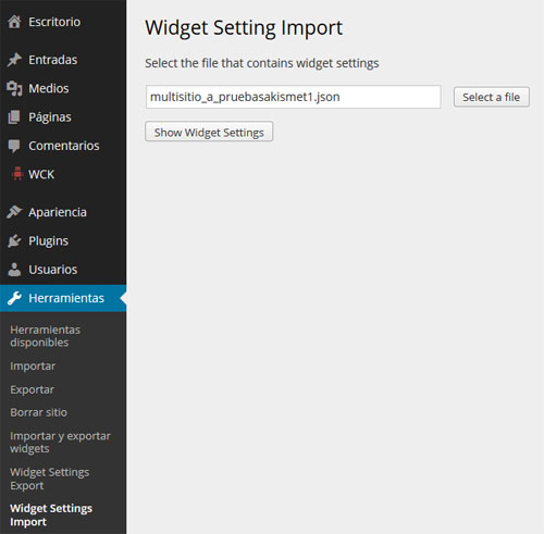 Figura 3. Selección del fichero de importación mediante el plugin Widget Settings Importer/Exporter