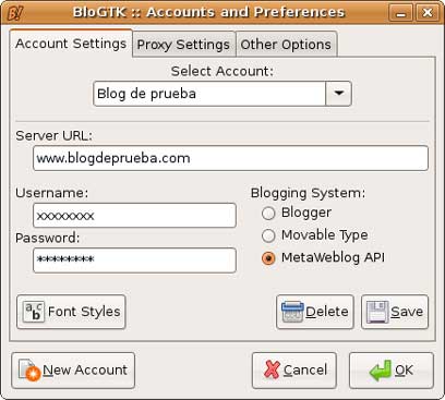 Figura 4: conexión con BloGTK, en Linux (Ubuntu)